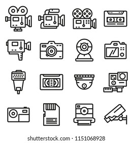 Vector line video and camera icons set. Action camera, film, record , security camera and other