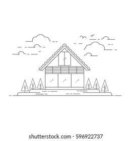 Vector line village house illustration with trees, clouds, birds. 