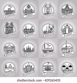 vector line warsaw, bern, luxembourg, prague, brussels, zagreb, sarajevo, lisboa, bratislava, budapest, cophenhagen, corfu, santorini, heraklion, athens, mykonos city badge collection set