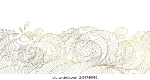 Patrón japonés de onda de línea de Vector, ilustración de textura de mar. Antiguas fondo asiático, agua océano Fondo de pantalla. Naturaleza oriental ornamento, oro en blanco dibujado a mano póster.