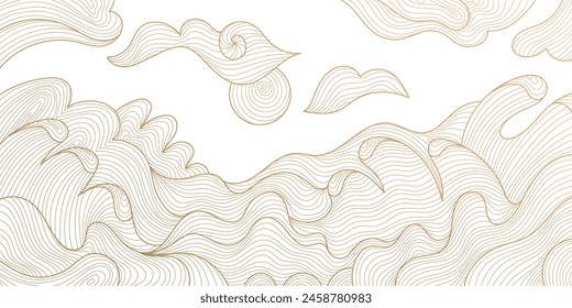 Vector line wave japanese patern, sea texture illustration. Vintage asian background, water ocean wallpaper. Nature oriental ornament, gold on white hand drawn poster.