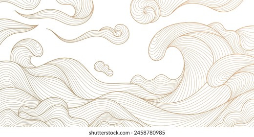 Vector line wave japanese patern, sea texture illustration. Vintage asian background, water ocean wallpaper. Nature oriental ornament, gold on white hand drawn poster.