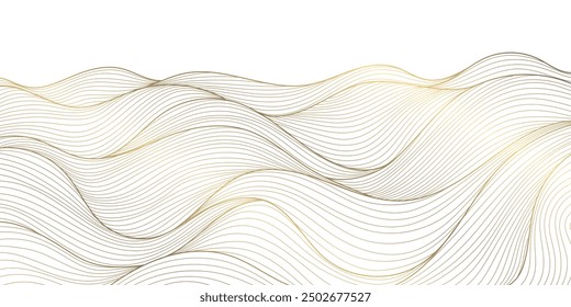 Vector line wave japanese pattern, art nature background. Gold on white sea curve illustration, asian flow template. 