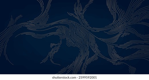 Vector line wave organic pattern, japanese liquid texture, wooden curve shape. Contour elegant graphic, gold on dark abstract background.