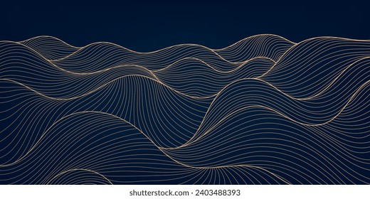 Vector line wave pattern, japanese art water texture. Sea, ocean, river illustration, fluid shape background, wall art banner