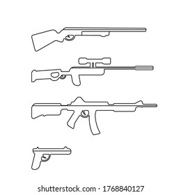 iconos de arma de línea vectorial: pistola, escopeta, AK-47, francotirador