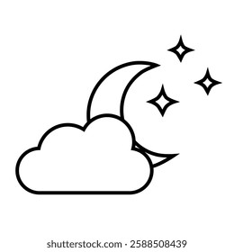 Vector line weather icon of cloud, moon and stars isolated on white background. Icon for mobile apps, websites, weather forecast, etc.	