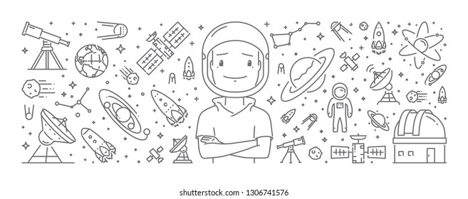Vector line web banner astronomy. Vector linear web concept space. Open path.
