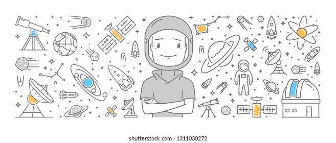 Vector line web banner astronomy. Vector linear web concept space. Open path.
