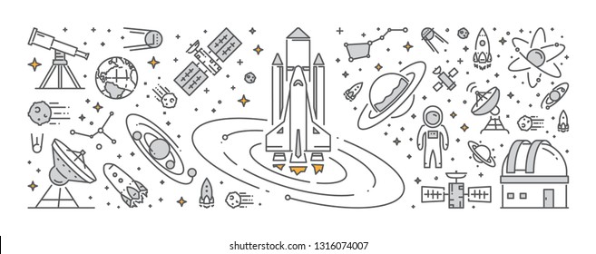 Vector line web banner astronomy. Vector linear web concept space. Open path.