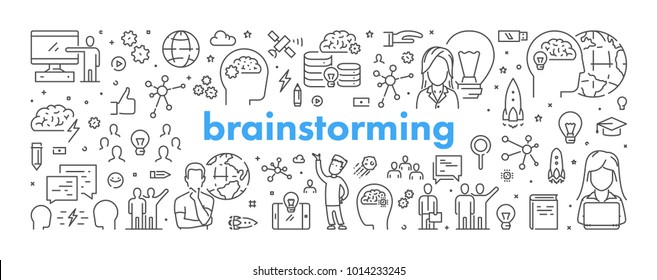 Vector Line Web Banner For Brainstorming. Modern Linear Concept For Brainstorm.