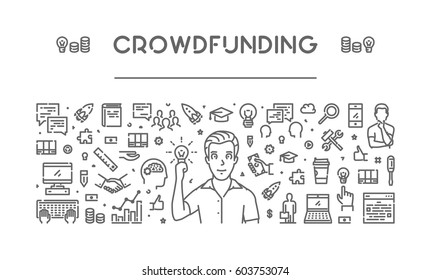 Vector line web banner for crowdfunding. Modern linear concept for fundraising.