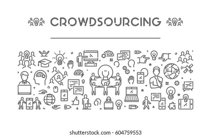 Vector line web banner for crowdsourcing. Modern linear concept for crowdfunding.