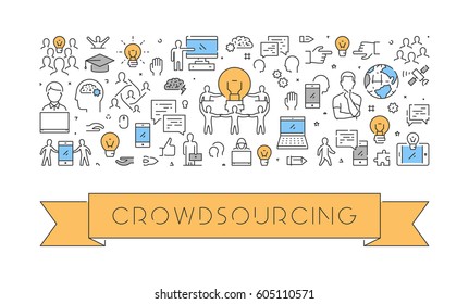 Vector line web banner for crowdsourcing. Modern linear concept for crowdfunding.