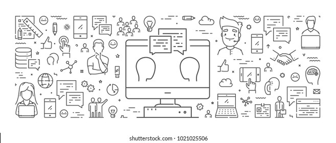 Vector line web banner for feedback. Modern linear concept for support.