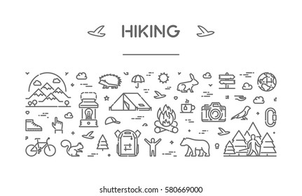 Vector line web banner for hiking. Linear design concept for adventure.