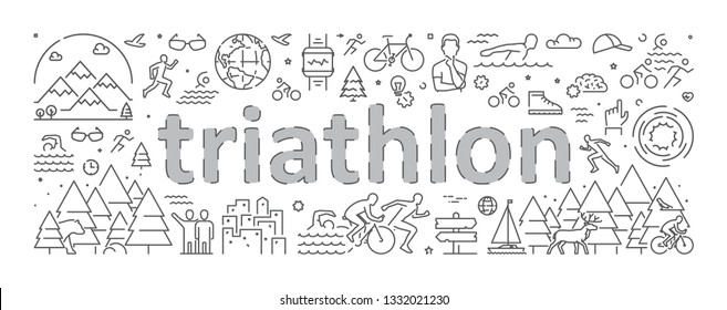 Vector line web banner for triathlon. Vector linear triathlete and concept. Open path.