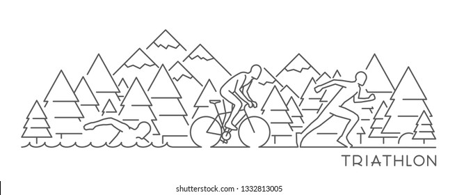 Vector line web banner for triathlon. Linear triathlete and concept. Open path.