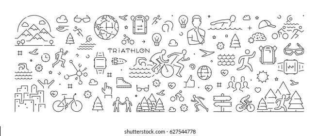 Vector line web banner for triathlon. Vector linear triathlete and concept. Open path.
