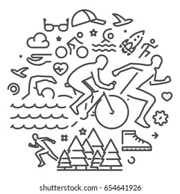 Vector line web banner for triathlon. Vector linear triathlete and concept. Open path.