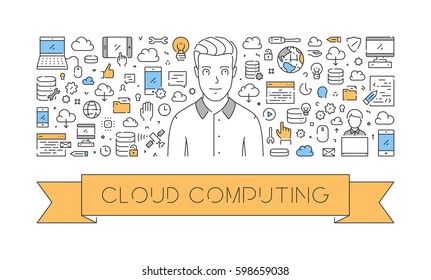 Vector line web concept of cloud computing. Modern linear banner.