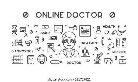 Vector line web concept online doctor. Linear banner online consultation.