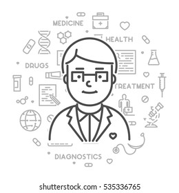 Vector line web concept online doctor. Linear banner online consultation.