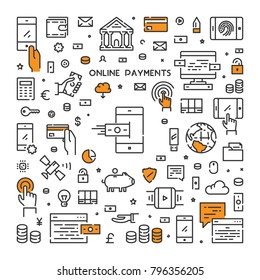 Vector line web concept for online payments. Modern linear banner for mobile banking.