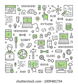 Vector line web concept for programming. Linear web banner for coding.