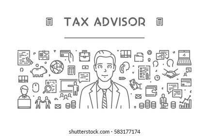 Vector Line Web Concept For Tax Advisor. Modern Linear Banner For Tax Planning.