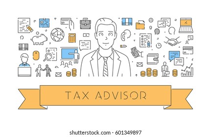 Vector Line Web Concept For Tax Advisor. Modern Linear Banner For Tax Planning.