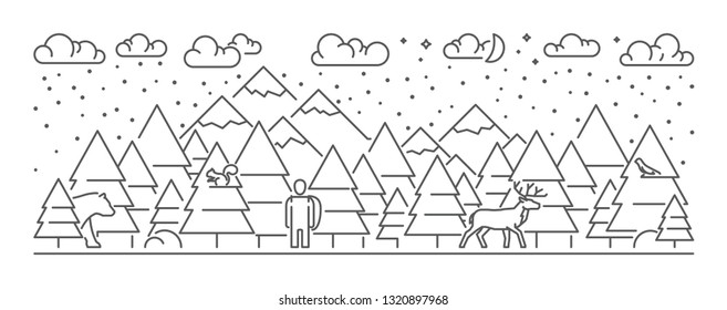 Vector line web design banner for hiking. Linear design concept for adventure. Open path.