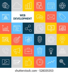 Vector Line Web Development Icons. Thin Outline SEO Symbols over Colorful Squares.