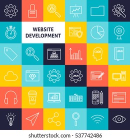 Vector Line Website Development Icons. Thin Outline Computer Symbols over Colorful Squares.