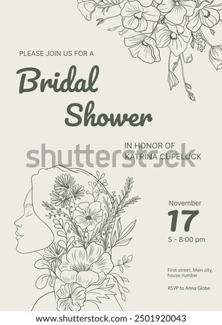 Vector line wedding elegant woman floral wedding invitation. Bridal shower invitation. Line art illustration. Celebration. Save the date. Great for any designs, textile, art, walls, package