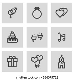 Vector line wedding icons set on grey background