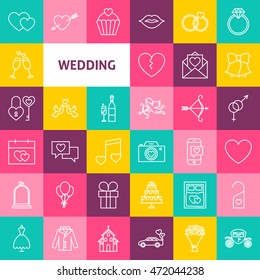 Vektorlinien-Hochzeits-Symbole. Dünne Umrisse Liebe Herz Symbole über bunte Quadrate.