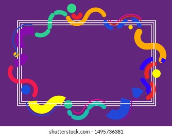 Vector line white frame with colorful abstract geometric shapes around it on a purple background.