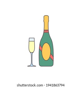 Botella de vino de línea de vectores y elementos de diseño de vidrio. Frasco de champán espumoso en un estilo lineal de moda.