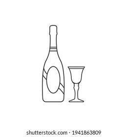 Vector line wine bottles and glasses design elements. Sparkling champagne bottle in trendy linear style.
