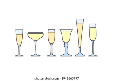 Vector line wine glasses design elements. Sparkling wine glasses in trendy linear style.