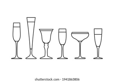 Vector line wine glasses design elements. Sparkling wine glasses in trendy linear style.