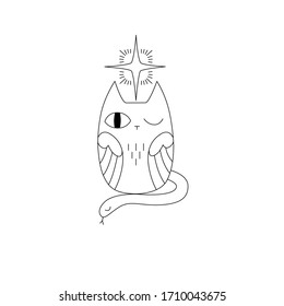 Vector line of wise chimera that has cat head, body of owl and snake as its tail close one eye to see your mind and open one eye to see surrounding tattoo with cute and minimal designs