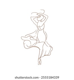 Vector line woman dancing silhouette gentle. Line art illustration. One continuous line beautiful woman. Esthetic beauty. Save the date. Great for any designs, textile, art, walls, package