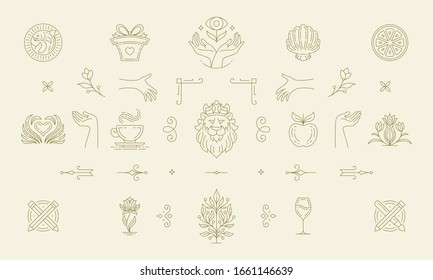 Vector line women decoration design elements set - flowers and gesture hands illustrations simple minimal linear style. Bundle mystical outline graphics for logo emblems and product packaging