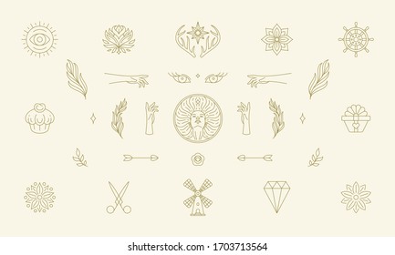 Vector line women decoration design elements set - women face and gesture hands illustrations simple minimal linear style. Bundle mystical outline graphics for logo emblems and product packaging