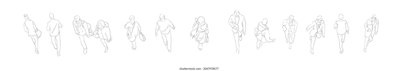 Vector line work collection of pedestrians walking from an above view.