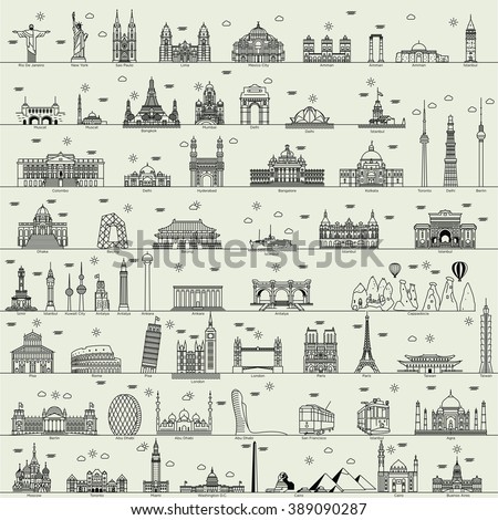 vector line world city illustration sign building set collection
