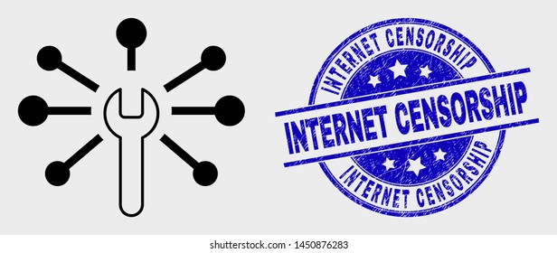 Vector line wrench links pictogram and Internet Censorship stamp. Blue round textured stamp with Internet Censorship caption. Black isolated wrench links pictogram in stroke style.