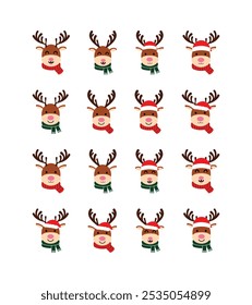 Vector line xmas cute deer head icon set
